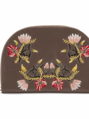 WOLF Taupe Embroidered Floral Dome Cosmetic Case